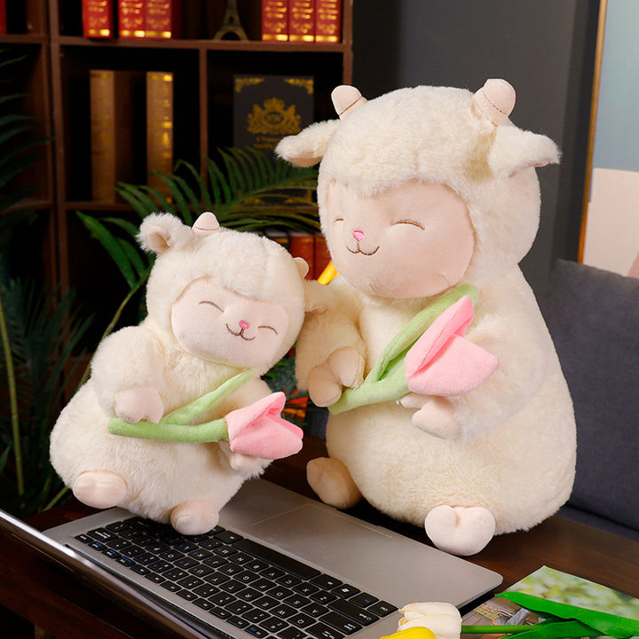 Sitting Lamb Plush Cuddle Doll with Weighted Huggable Core and Removable Tulip Accessory Kalsten