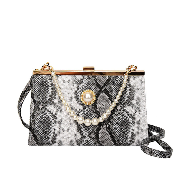 Elegant Pearl-Embellished Snakeskin Clutch Bag