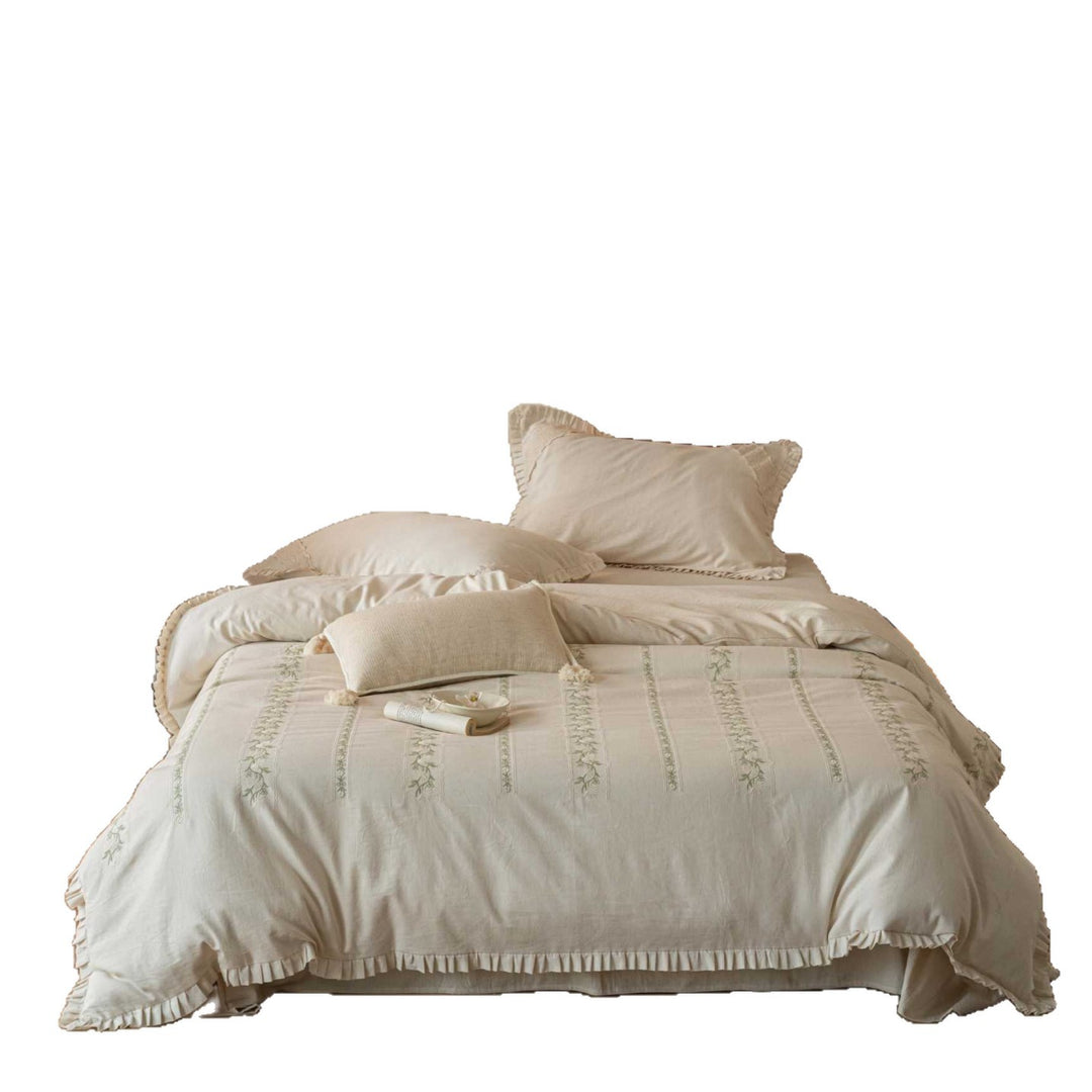 Organic Cotton Duvet Cover Set in Country Style with Delicate Embroidery and Ruffled Hem