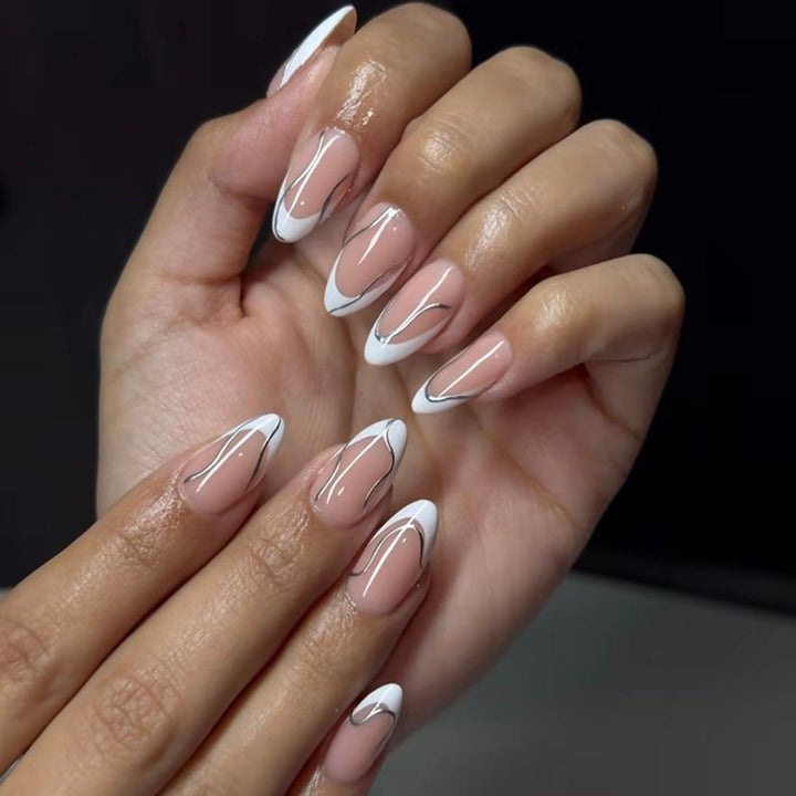 Elegant artificial nails with fine wave and glitter motifs Kalsten