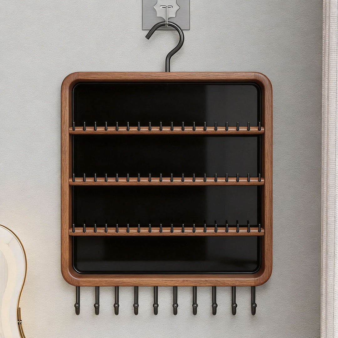Wall-Mounted Multi-Tier Jewelry Organizer with Tiered Rods and Hanging Hooks