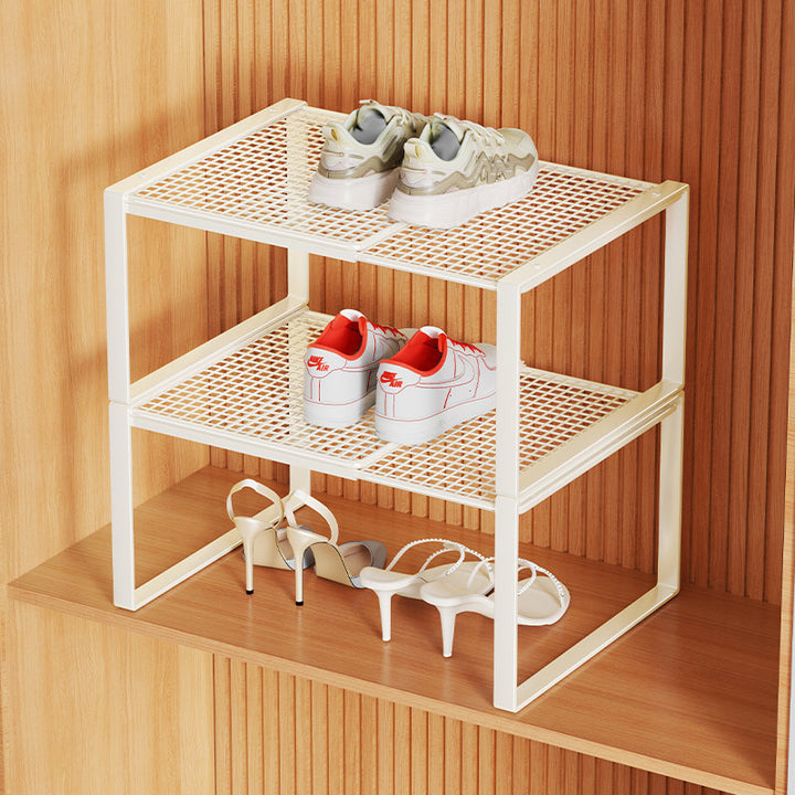Multi-Tier Metal Mesh Shoe Storage Rack with Open Grid Shelves and Matte Frame