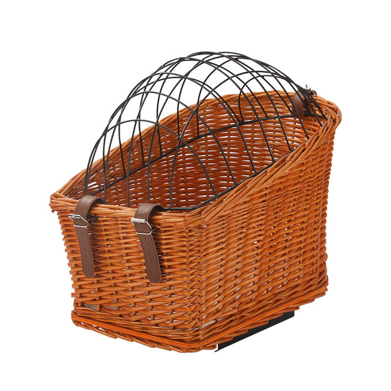 front-mount wicker bicycle pet carrier basket with foldable metal safety dome and adjustable leather buckle straps Kalsten