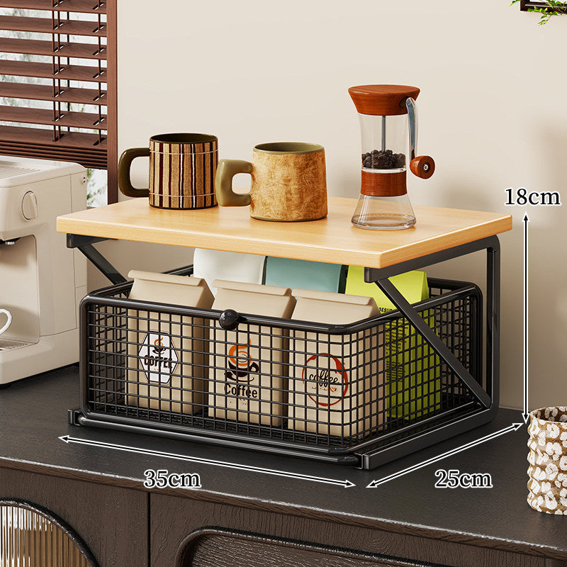Countertop Coffee Station Organizer with Wooden Top and Metal Wire Basket