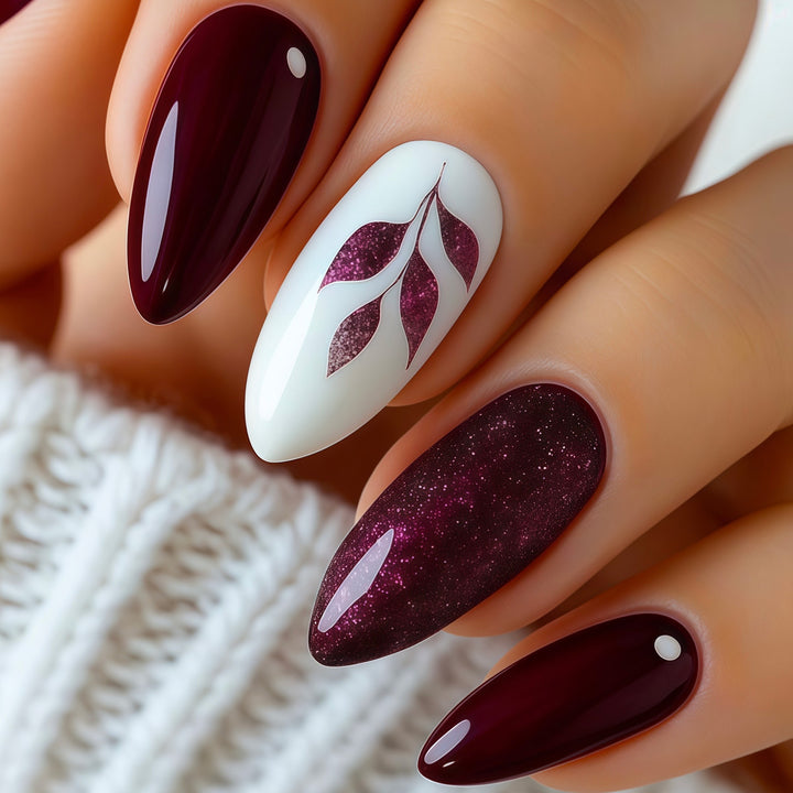 Artistic Press-On Nail Art Set with Glittery Leaf Design Kalsten
