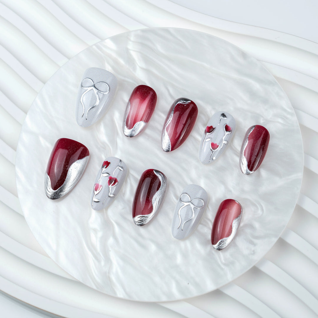 Elegant Artistic Press-On Nail Set with Glossy Finish and Floral Accents Kalsten