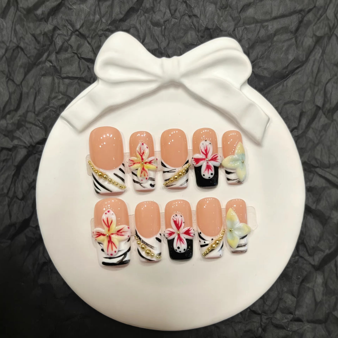 Artistic Press-On Nail Set with Floral and Zebra Pattern