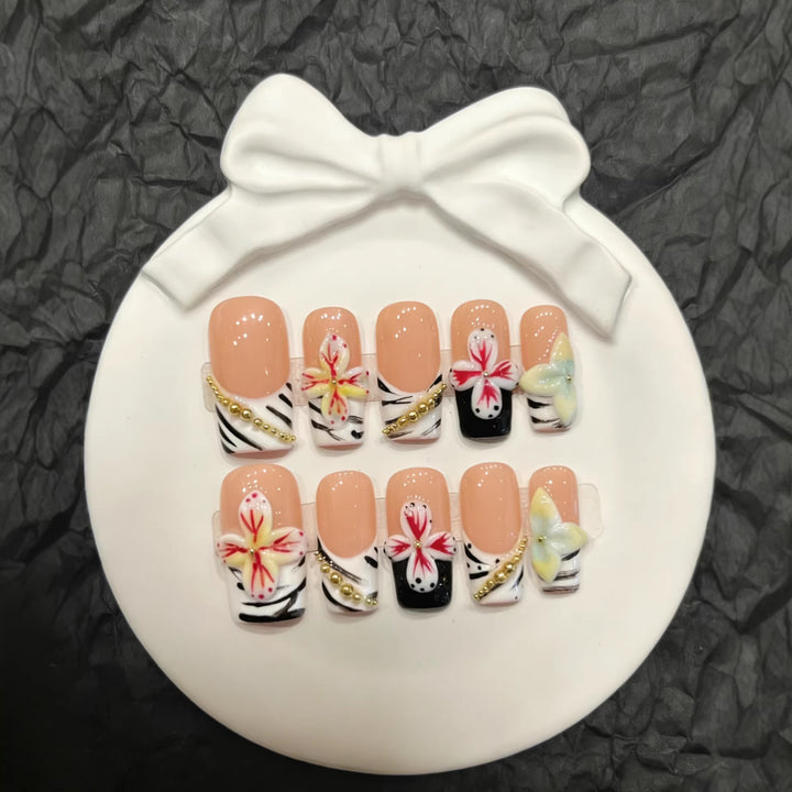 Artistic Press-On Nail Set with Floral and Zebra Pattern