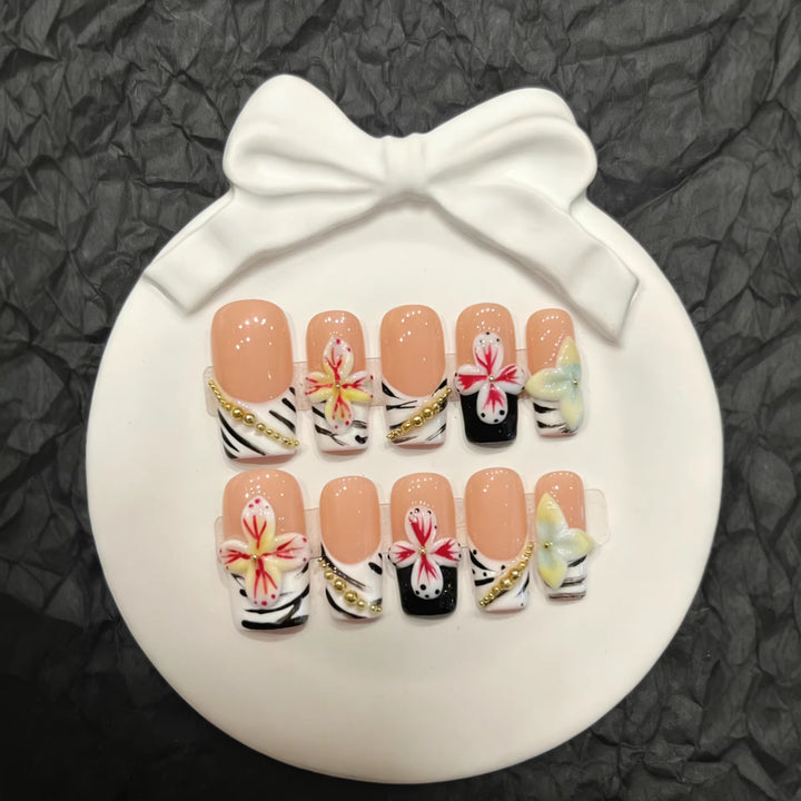 Artistic Press-On Nail Set with Floral and Zebra Pattern