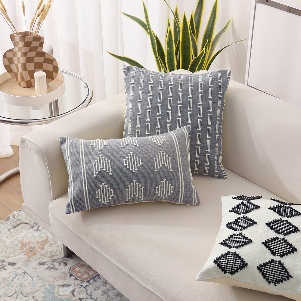 Woven rectangular decorative cushion cover with embroidered geometric pattern