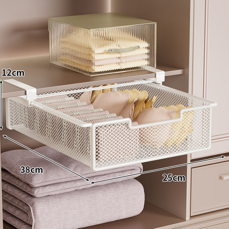Under-Shelf Sliding Mesh Drawer Organizer with Clip-On Mount and Ventilated Metal Basket