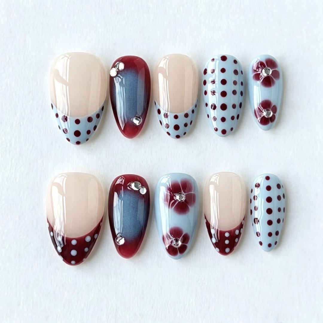 Elegant Press-On Nail Art Set with Floral and Polka Dot Design Kalsten