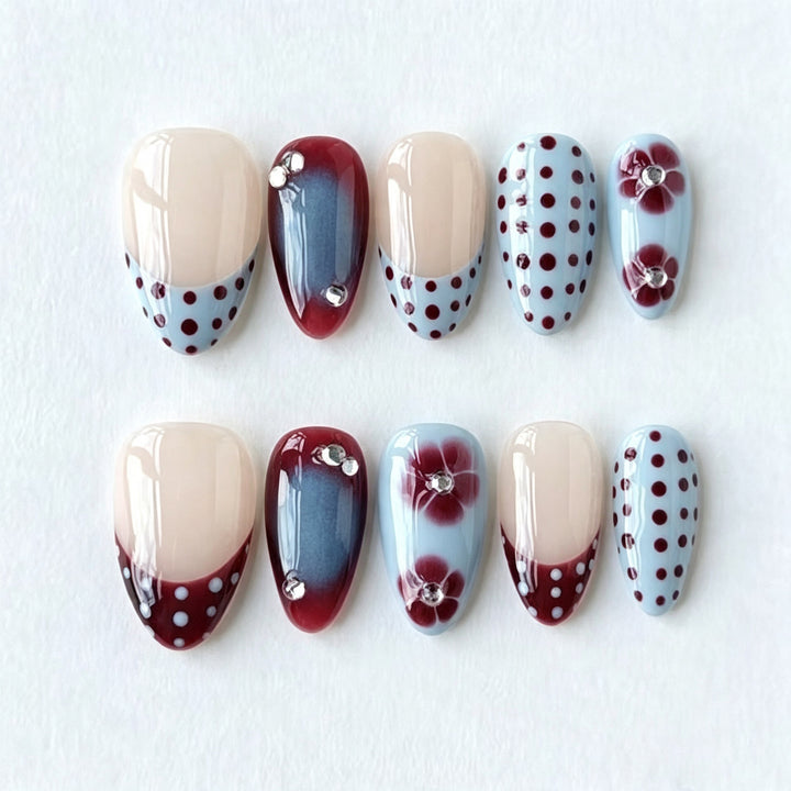 Elegant Press-On Nail Art Set with Floral and Polka Dot Design Kalsten