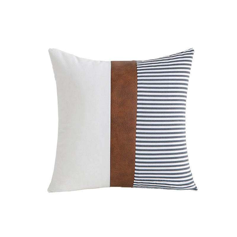 Decorative Leather-Accent Throw Pillow with Canvas Panel and Hidden Zipper