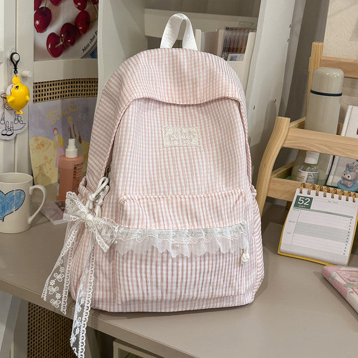 Charming Striped Lace-Trimmed Backpack Kalsten