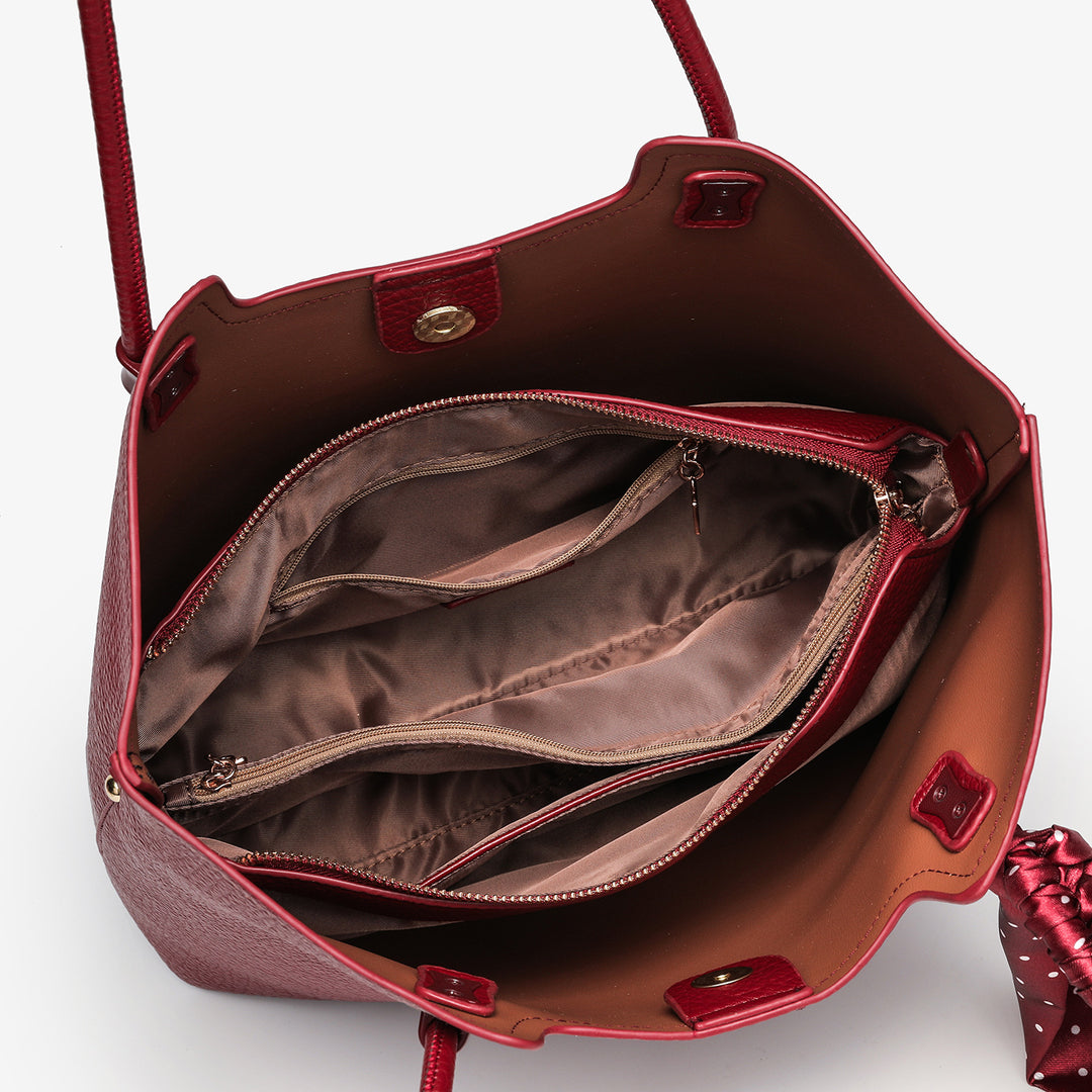 Elegant Leather Tote Bag with Decorative Scarf