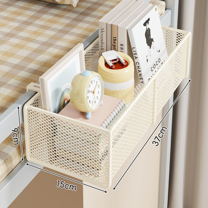 Clamp-On Bed Frame Hanging Mesh Organizer Basket with Rail Mount and Multipurpose Storage