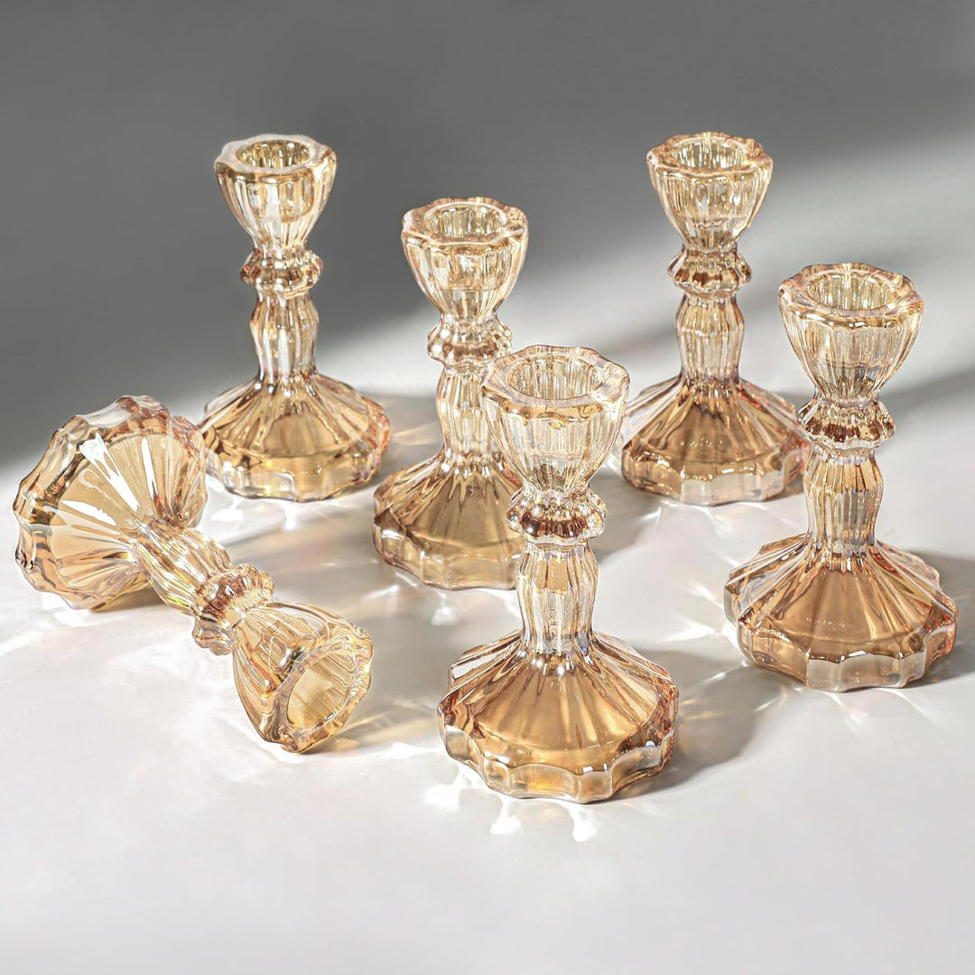 Crystal-cut Glass Candlestick Holder with Ribbed Stem Kalsten