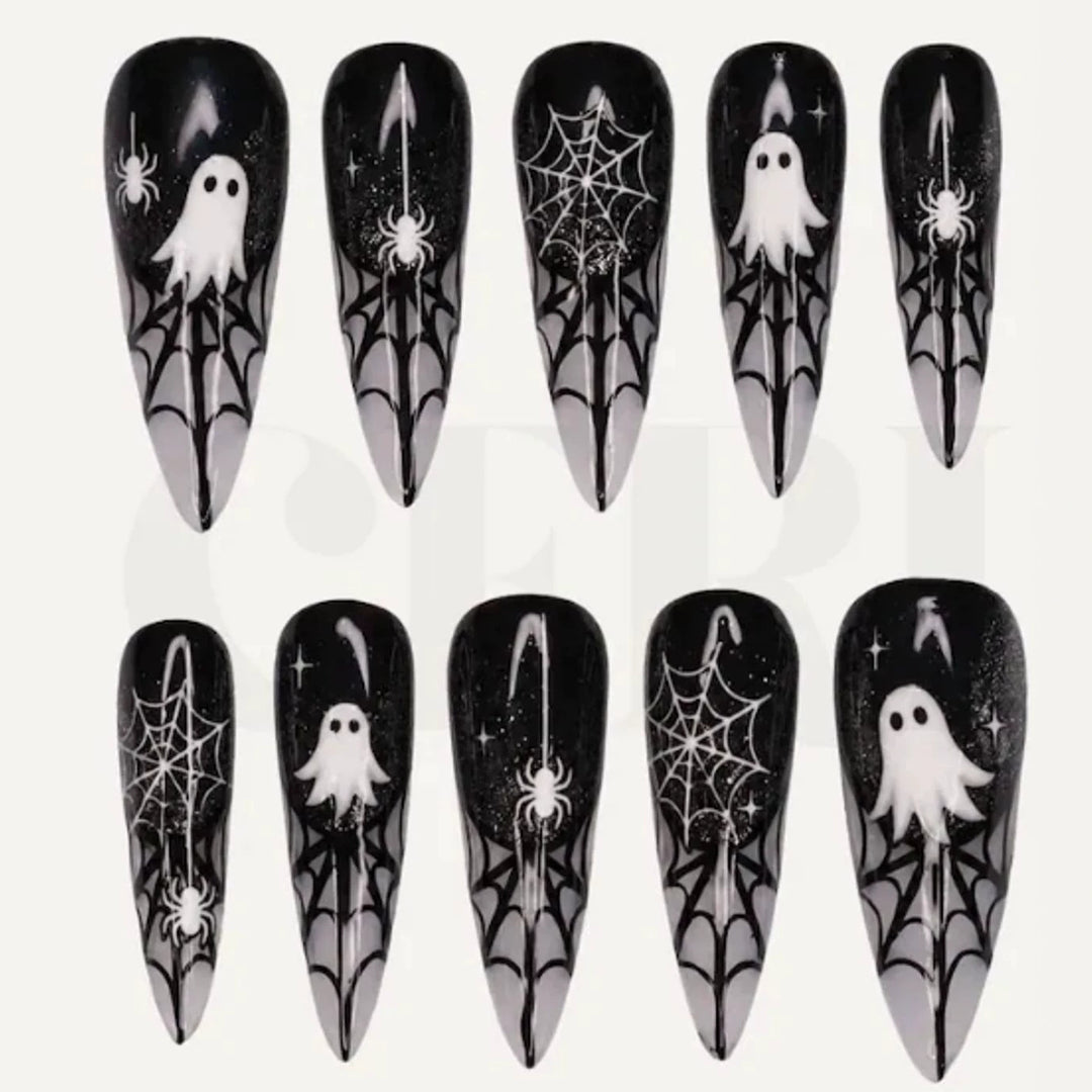 Halloween Artificial Nail Set with Ghost and Spider Web Design Kalsten