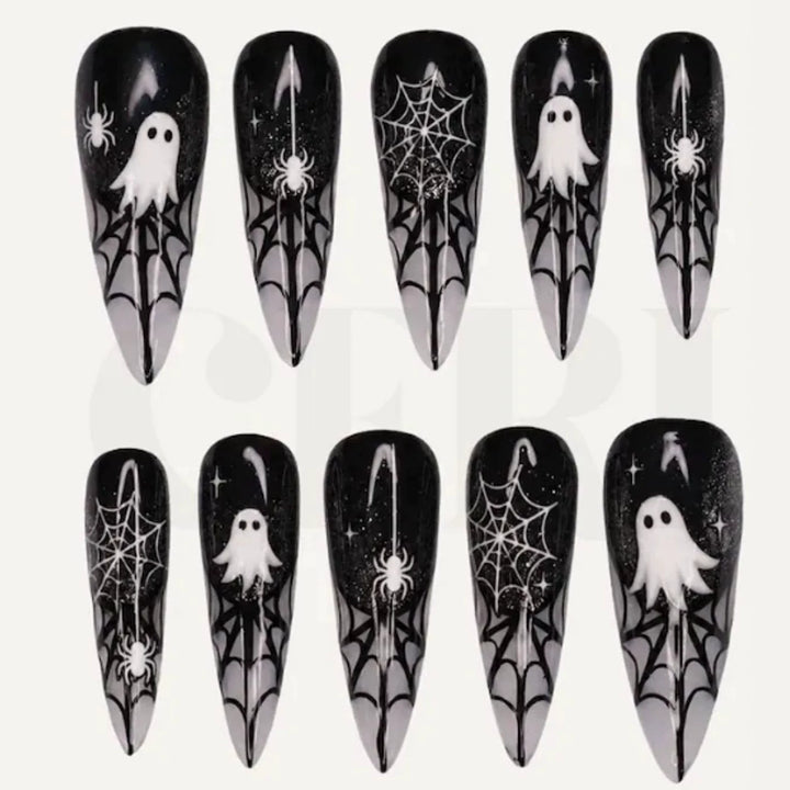 Halloween Artificial Nail Set with Ghost and Spider Web Design Kalsten