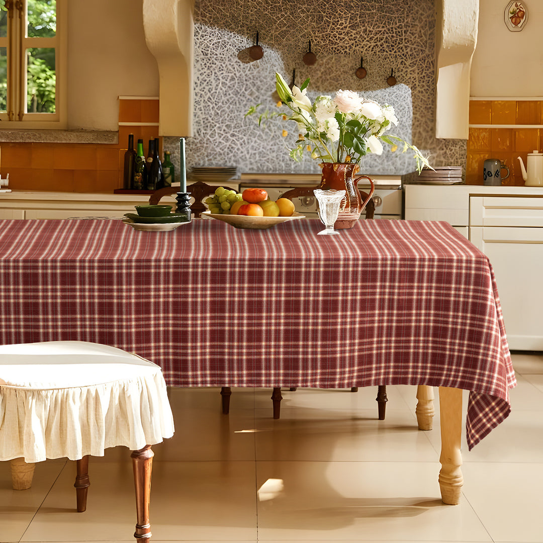 Rectangular checked tablecloth made of cotton blend fabric with flannel-like surface