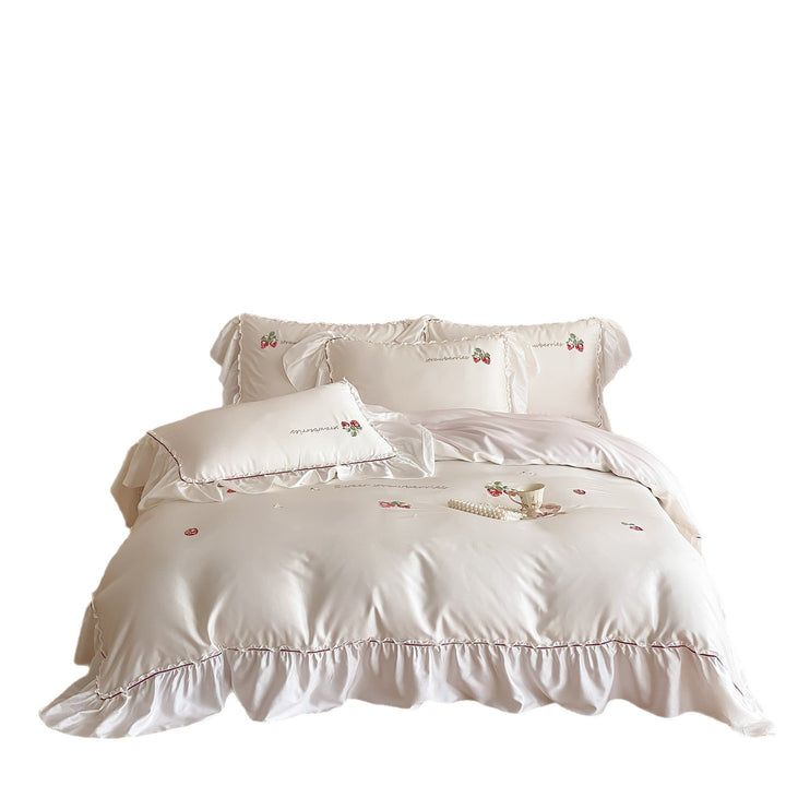Romantic satin bedding set with strawberry embroidery and ruffles