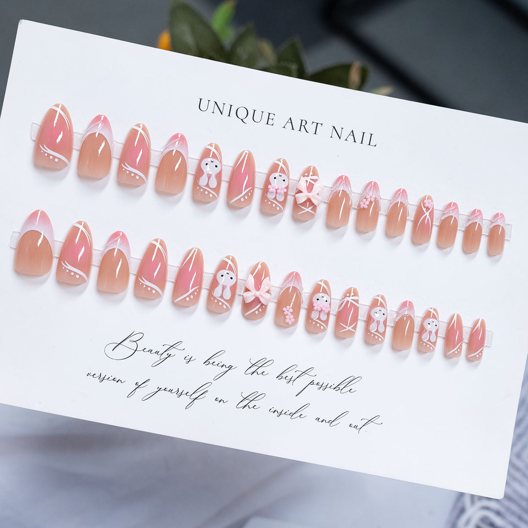 Decorative Press-On Nail Art Set with Cute Bow and Floral Embellishments