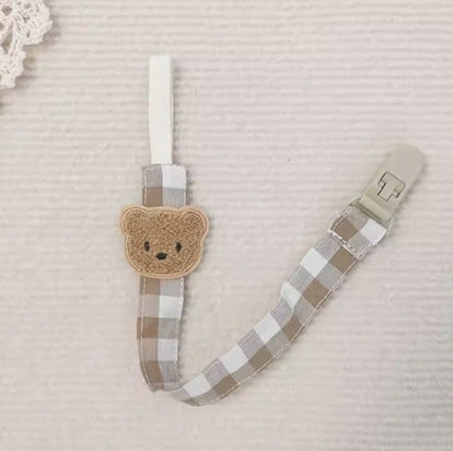 Gingham Cotton Pacifier and Teether Clip with Embroidered Bear Applique