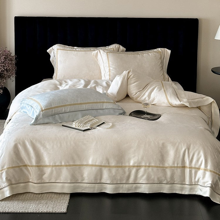 Luxurious cotton satin bedding set with jacquard floral pattern and embroidered border
