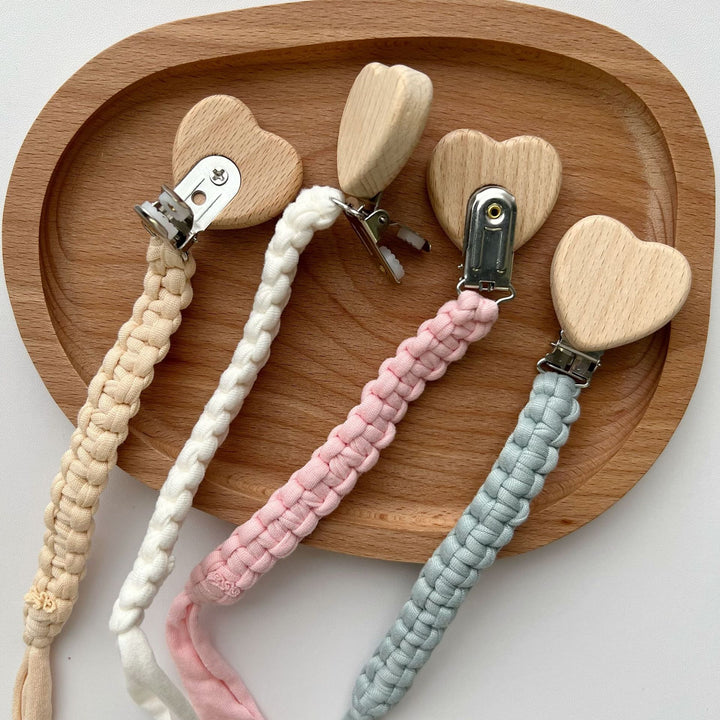 Braided Cotton Pacifier and Teether Clip with Heart Wooden Safety Clamp