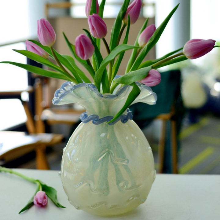 Handblown Opalescent Ruffled-Rim Sculptural Art Glass Vase with Twisted Collar Accent Kalsten