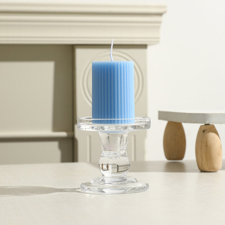 Ribbed Column Pillar Candle with Glass Pedestal Holder