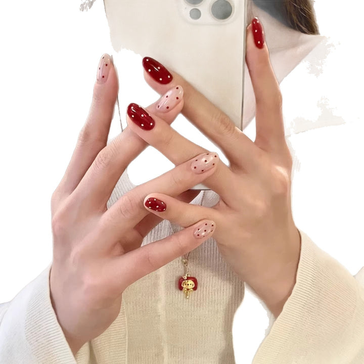 Artistic Press-On Nail Art Set with Polka Dot and Glossy Finish