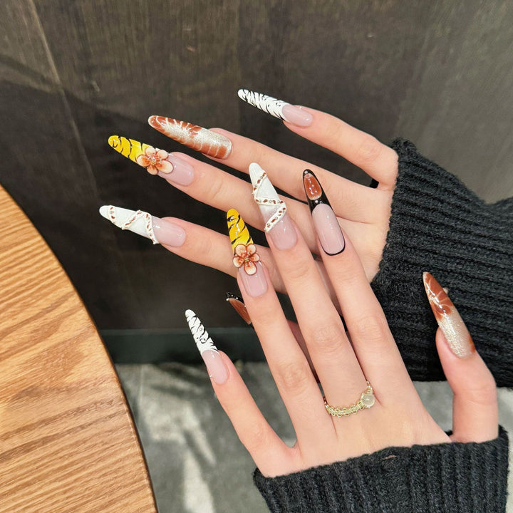 Artistic Press-On Nails with Floral and Tiger Design