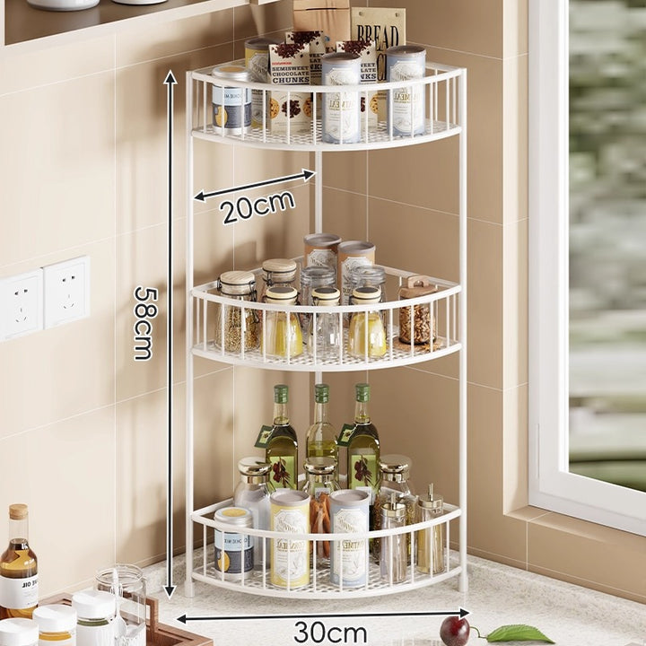 Three-Tier Rounded Corner Kitchen Storage Rack with Raised Rails and Mesh Shelves