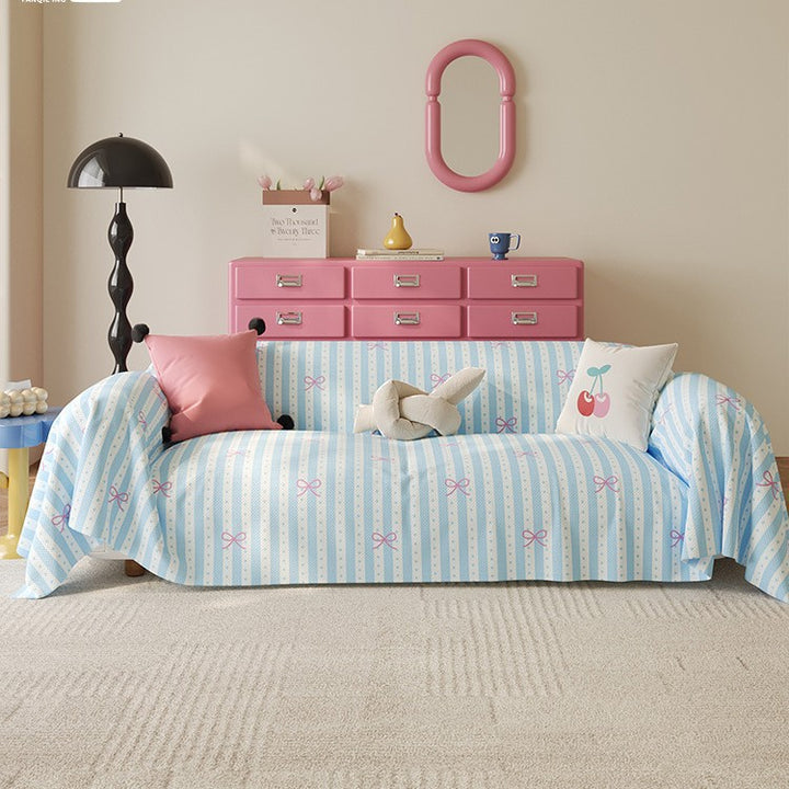 Striped Printed Stretch Sofa Slipcover with Bow Motif and Full-Cover Fit