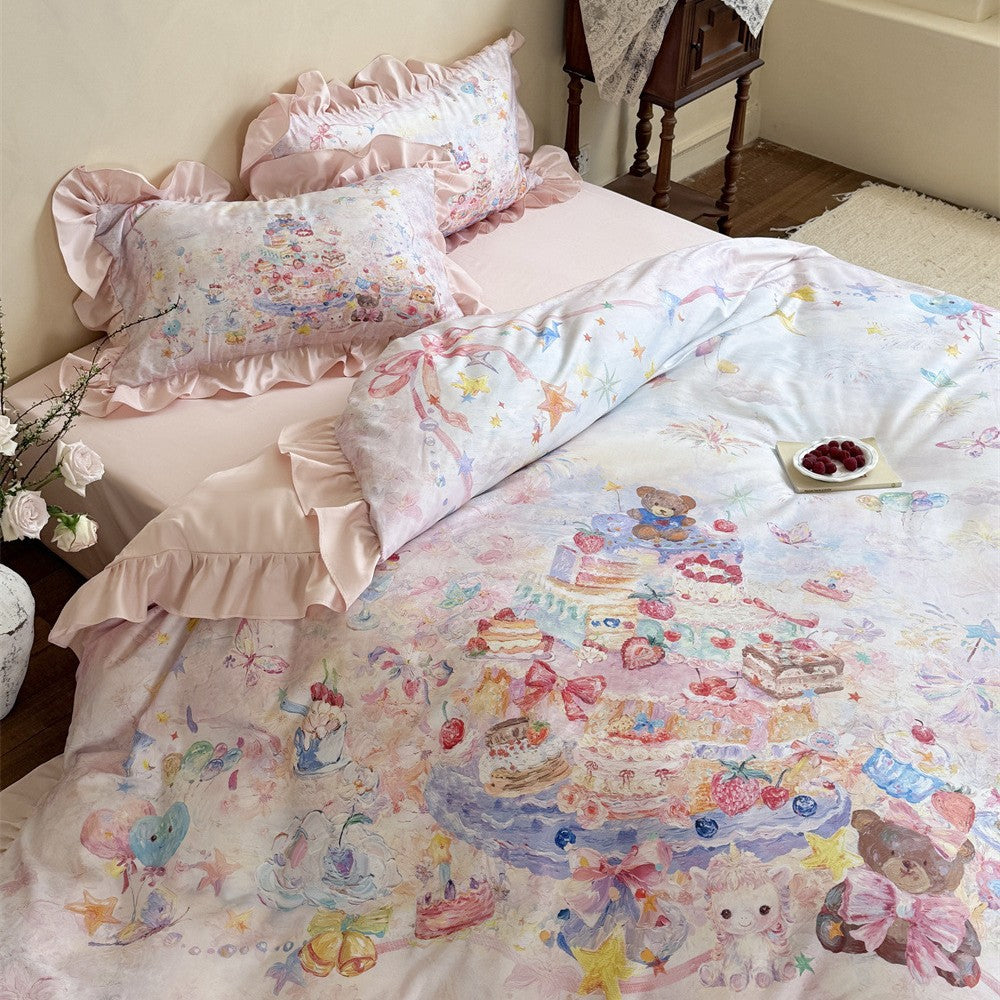Playful cotton satin bedding set with ruffles and watercolor animal motif