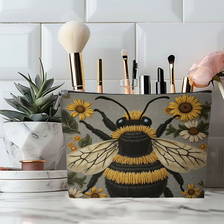 Embroidered Owl Textured Makeup Pouch With Zipper And Water-Resistant Lining