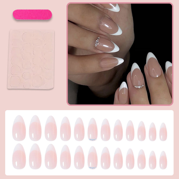 Artificial nail set with elegant French tip look and shimmering accents Kalsten