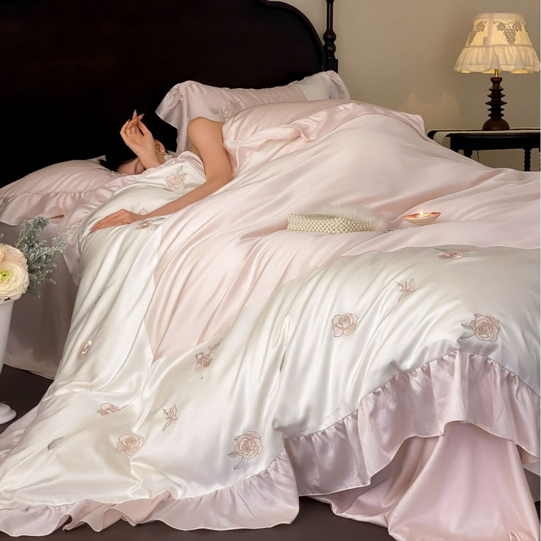 Elegant satin bedding set with ruffle and fine rose embroidery