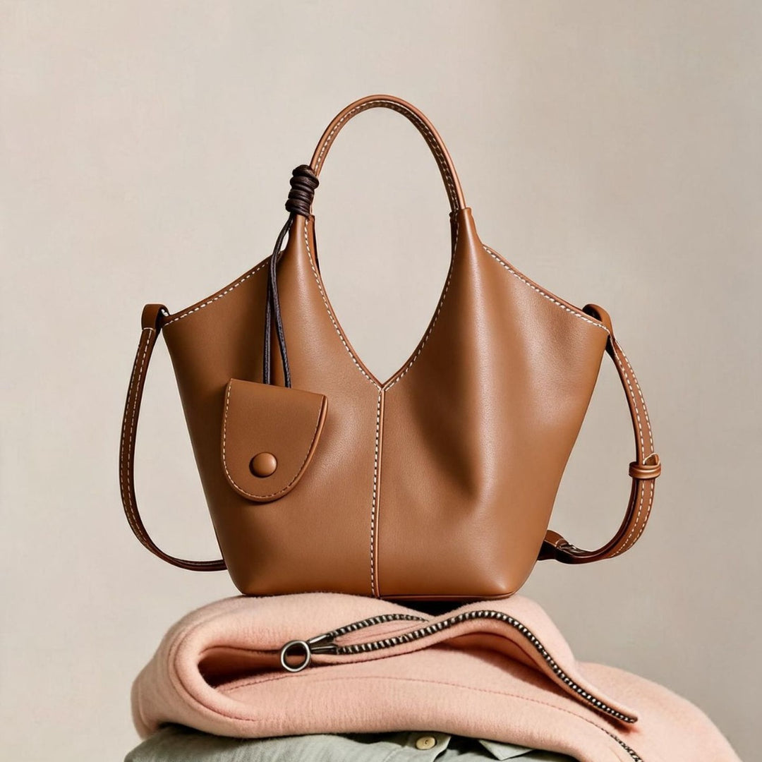 Curved-Top Soft Leather Bucket Tote with Hanging Mini Pouch