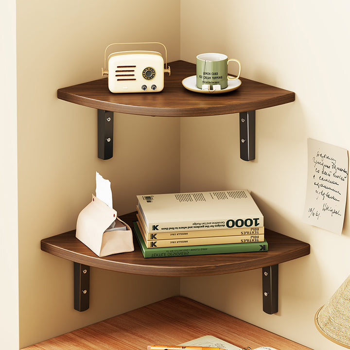 Corner Floating Wall Shelf with Curved Triangular Wooden Top and Heavy-Duty Metal Brackets