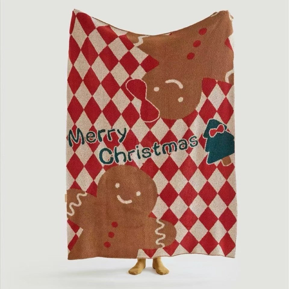 Cozy Christmas throw blanket with gingerbread and diamond pattern
