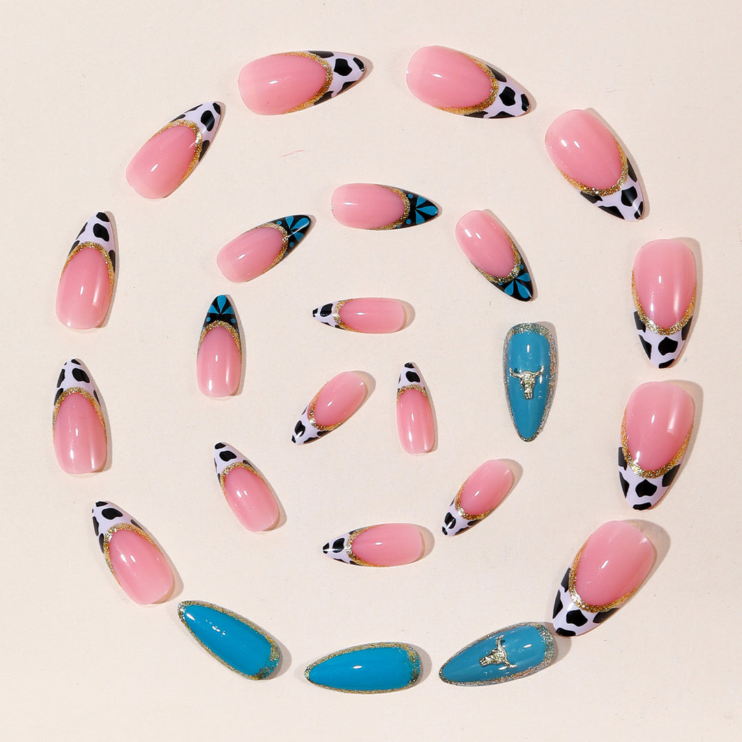 Artistic Stiletto Nail Art Extensions with Cow Print and Gold Accents Kalsten
