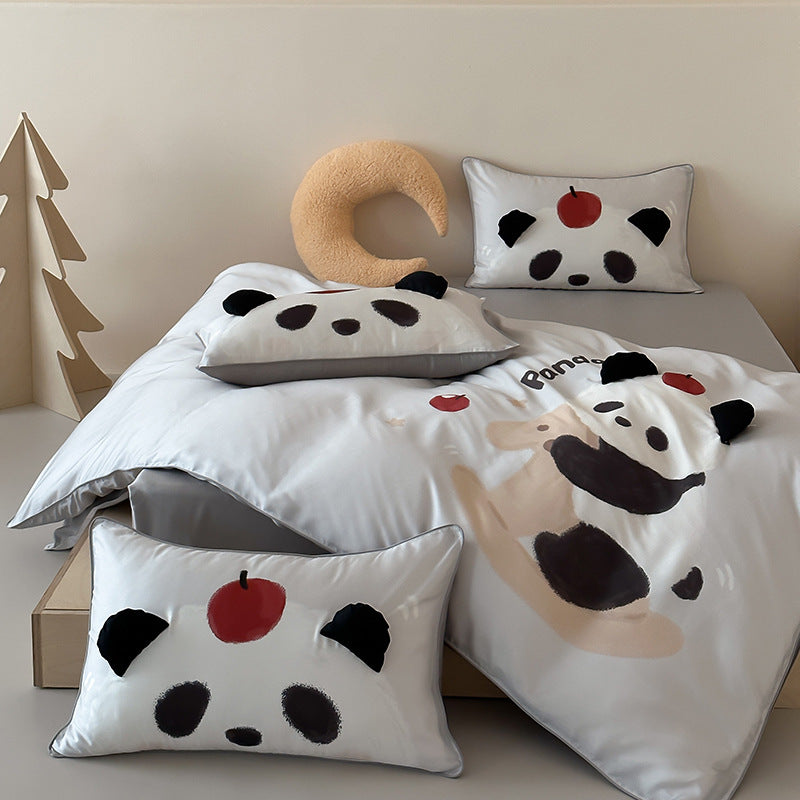 Children's bedding made of silk-matte satin with illustrative panda and apple print as well as fine piping
