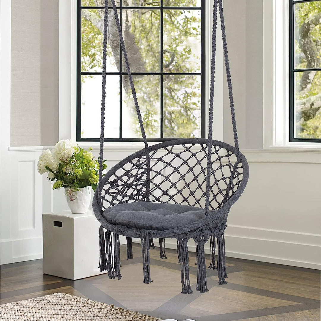 Macrame hanging swing chair boho woven fringe indoor outdoor hammock seat Kalsten