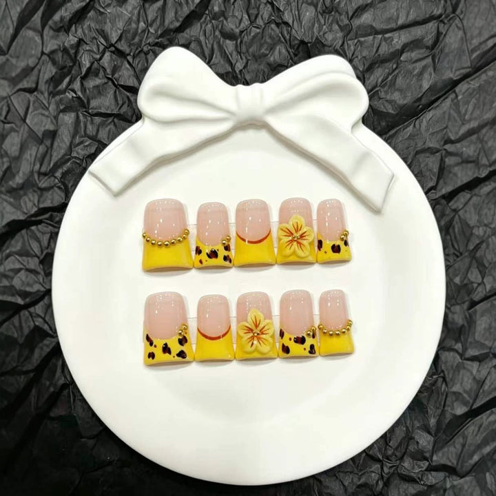 Artistic Press-On Nail Set with Floral and Animal Print Designs