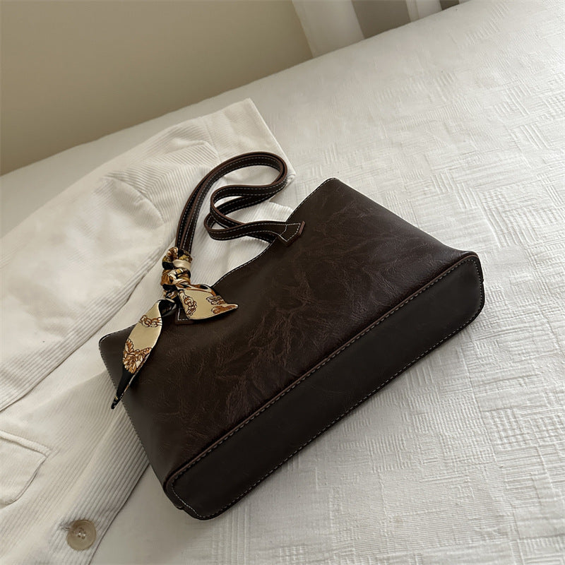Stylish Structured Tote Handbag with Decorative Scarf