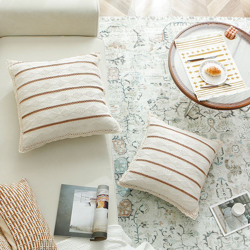 Knitted cushion cover with vertical texture rib and crochet border