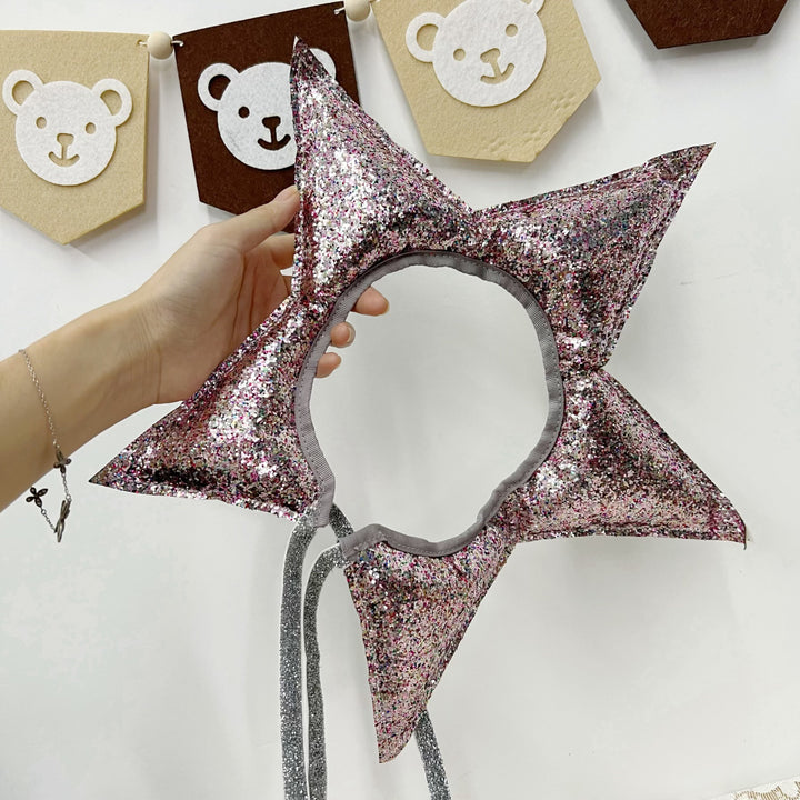 Glitter Star Point Headband Crown with Ribbon Ties